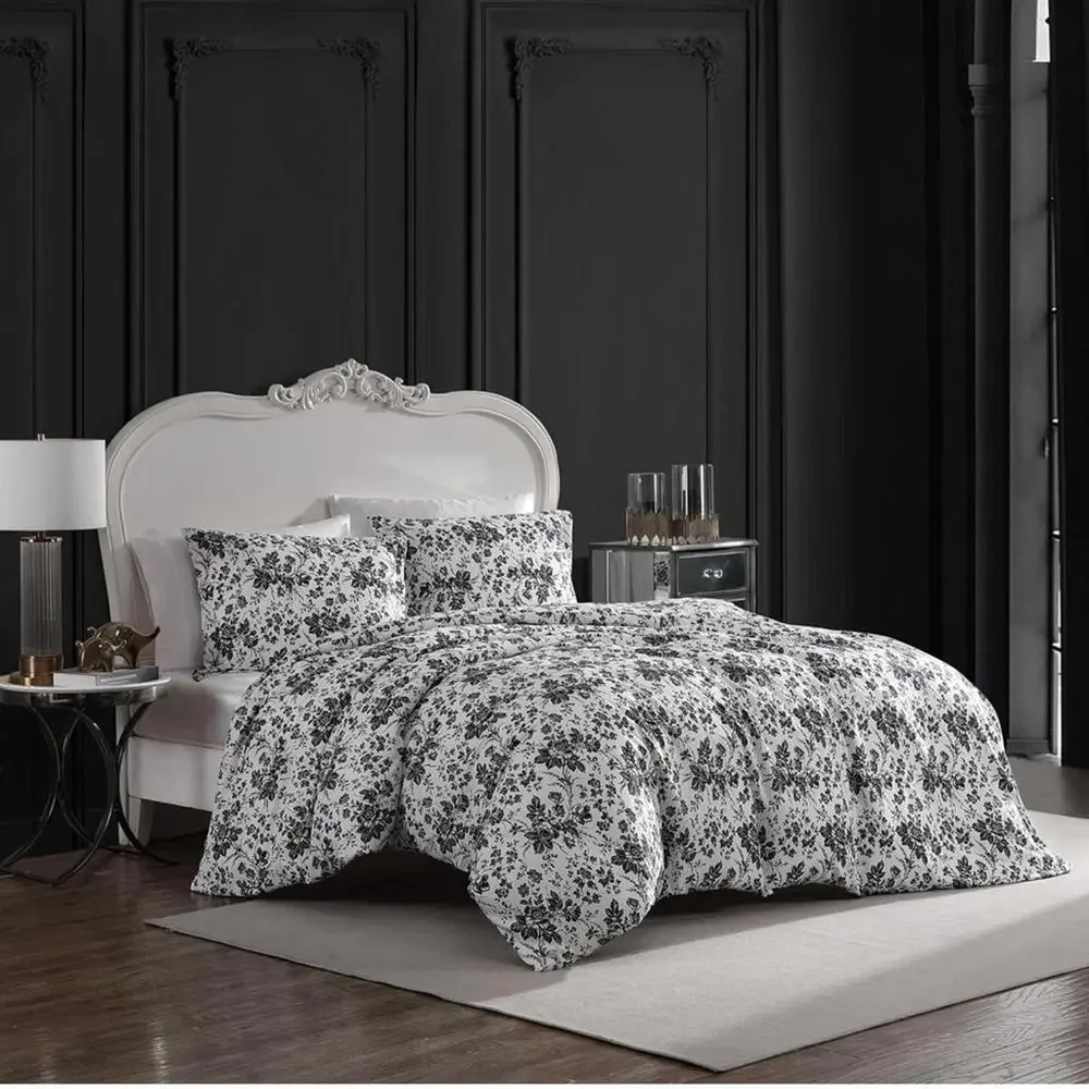 Betsey Black & White Floral Duvet SET Cover with matching Pillow Cases QUEEN